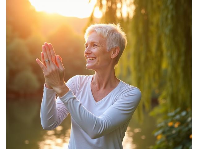 Жена у средњим годинама ради вежбе истезања у природи, симболизујући виталност и миран ум.