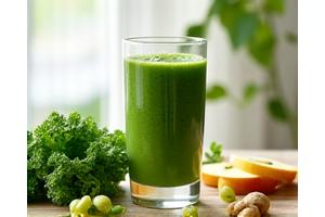 Чаша свежег зеленог смутија са поврћем и воћем, симболизујући детоксикацију.