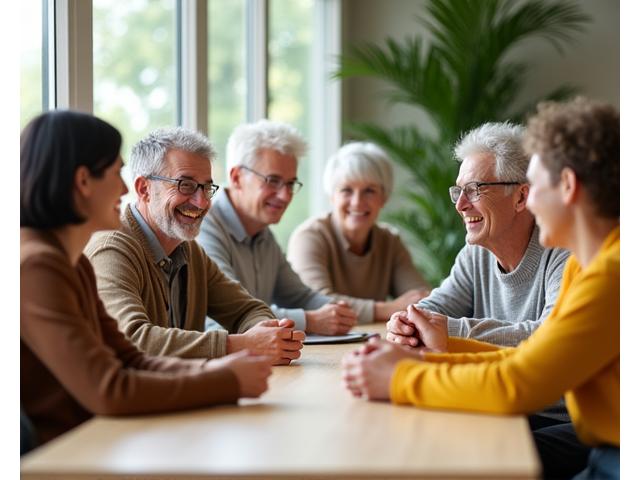 Srećna, nasmejana grupa ljudi različitih generacija okupljena oko stola, aktivno diskutuju, simbolizujući podržavajuću online zajednicu Zdravlje Esencija foruma.