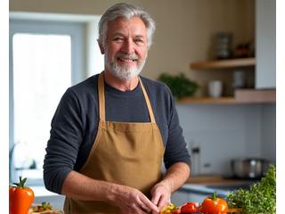 Dragan, 55 godina, prikazan kako priprema zdrav obrok u kuhinji sa osmehom.