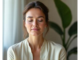 Jelena, 42 godine, prikazana u mirnom ambijentu, fokusirana na meditaciju sa smirenim izrazom lica.