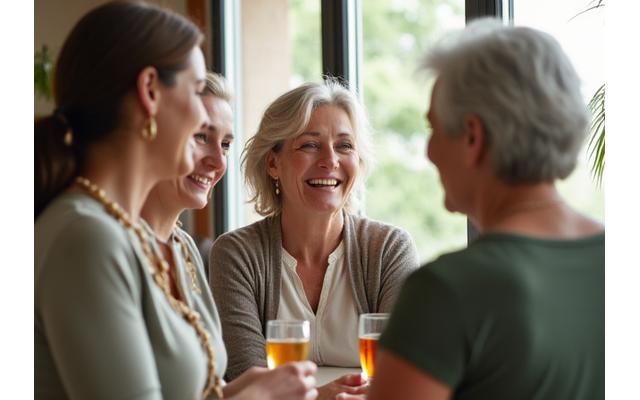 Grupa žena 40+ okuplja se u prijatnom prostoru, deleći osmehe i podršku, simbolizujući snagu zajednice.
