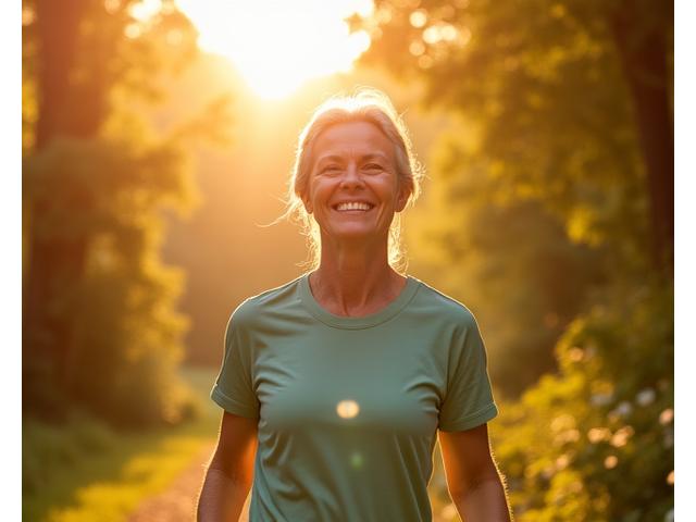 Vesela žena u pedesetim godinama uživa u jutarnjoj šetnji prirodom, sunce je obasjava. Simbolizira vitalnost i optimizam.