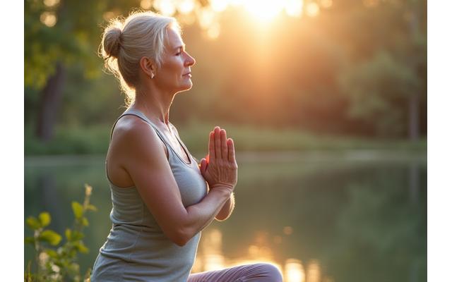 Žena srednjih godina uživa u umjerenoj jogi na otvorenom, simbolizirajući balans i aktivnosti prilagođene hormonalnom zdravlju.