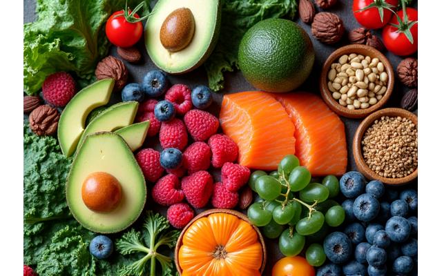 Krupni plan raznovrsne, sveže hrane bogate nutrijentima: avokado, losos, zeleno lisnato povrće, orašasti plodovi, bobice.