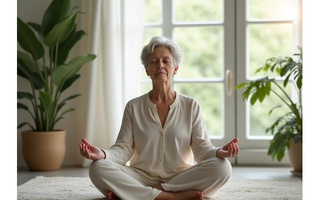 Mirna žena srednjih godina praktikuje meditaciju u zen okruženju, simbolizirajući smanjenje stresa i hormonalni balans.