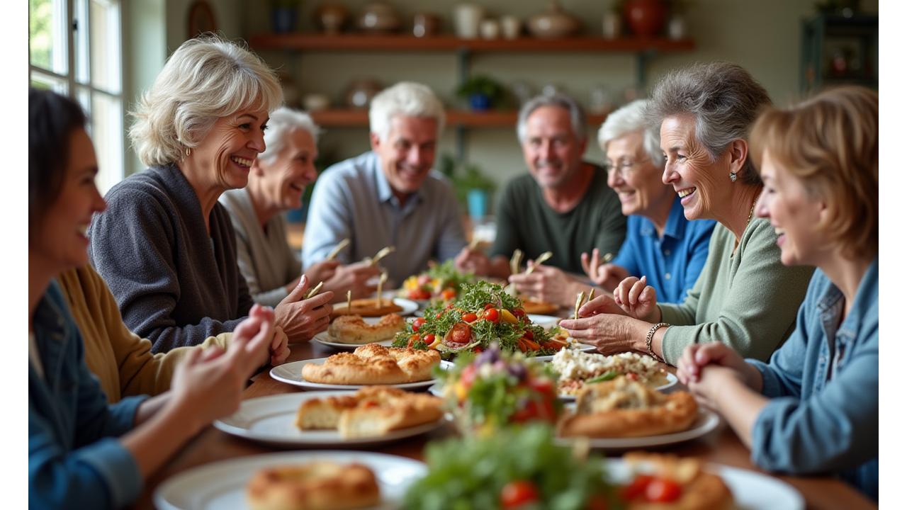 Grupa ljudi različitih uzrasta, koji se srećno smeju i razgovaraju oko stola punog zdrave, bezglutenske hrane, simbolizujući podršku zajednice.