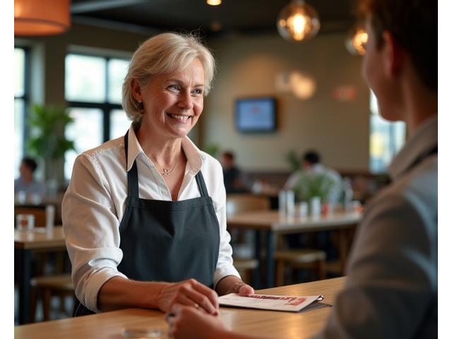 Osoba razgovara sa konobarom u modernom restoranu, pokazujući na jelovnik, u pozadini zamućen restoran.