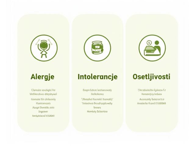 Grafikon koji jasno prikazuje razliku između alergija na hranu, intolerancija i osetljivosti, koristeći različite boje i ikone radi bolje razumljivosti.