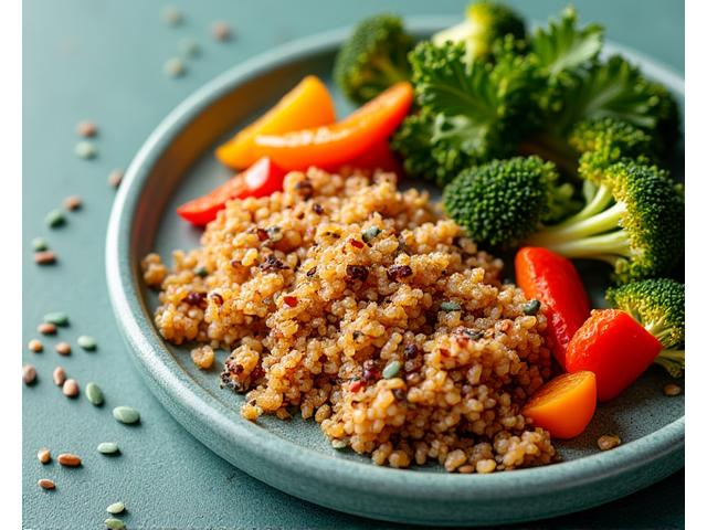 Šareni tanjir pun bezglutenskih žitarica, svežeg sezonskog povrća, mahunarki i proteina, estetski aranžiran.