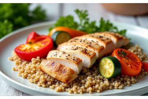 Piletina sa povrćem i kinoom, servirana u elegantnom aranžmanu.