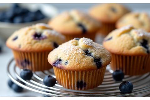 Bezglutenski mafini sa borovnicama, zlatno pečeni i posuti šećerom u prahu.