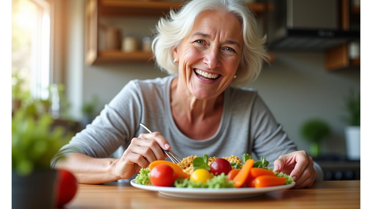 Osoba uživa u raznovrsnom, bezglutenskom obroku punom svežeg voća, povrća i zdravih proteina, s osmehom na licu, prikazujući radost zdrave i prilagođene ishrane.