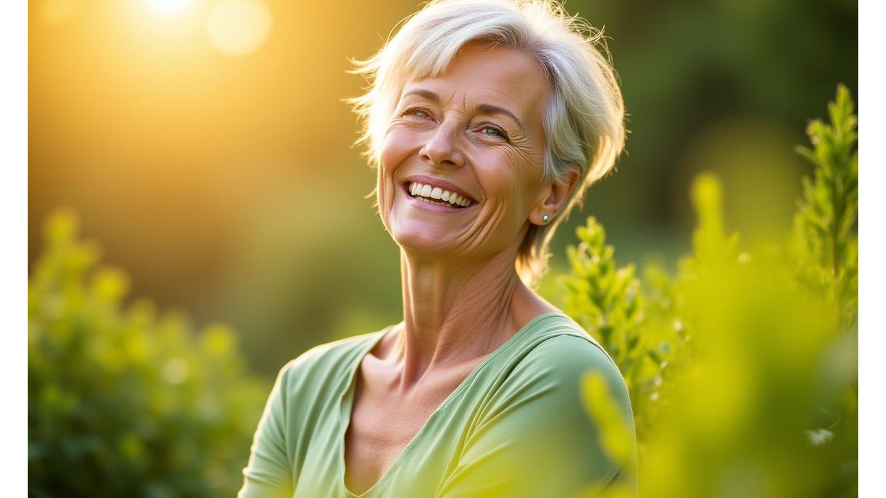 Žena srednjih godina sa osmehom uživa u prirodi, simbolizujući vitalnost i zdravlje