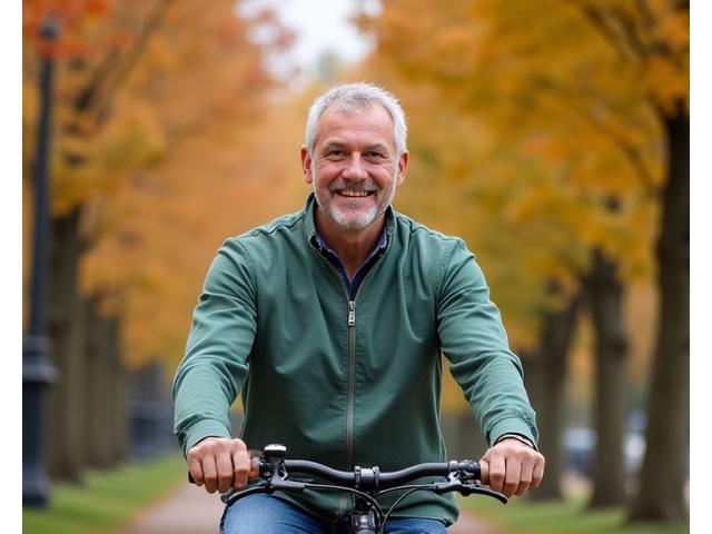 Dušan, muškarac u pedesetim, nasmejan i aktivan, vozi bicikl u parku