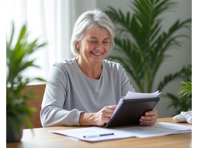 Žena srednjih godina pregleda medicinsku dokumentaciju i osmehuje se, u pozadini zeleni wellness ambijent.