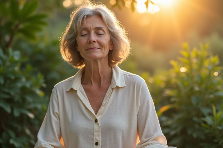Žena mirno meditira u prirodi, simbolizujući unutarnji mir