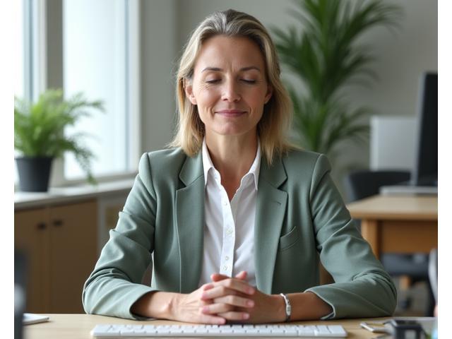 Osoba diskretno meditira za svojim radnim stolom u kancelariji