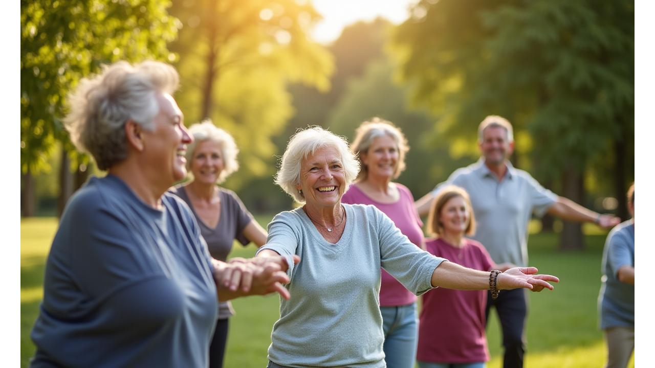 Slika nasmejane, raznolike grupe starijih osoba koje aktivno učestvuju na wellness radionici u parku, okružene prirodom.