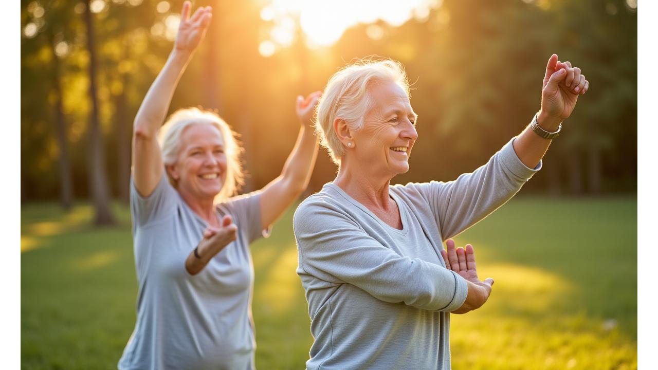 Inspirišući prizor starijeg para koji zajedno vežba jogu na otvorenom, simbolizujući vitalnost i harmoniju.