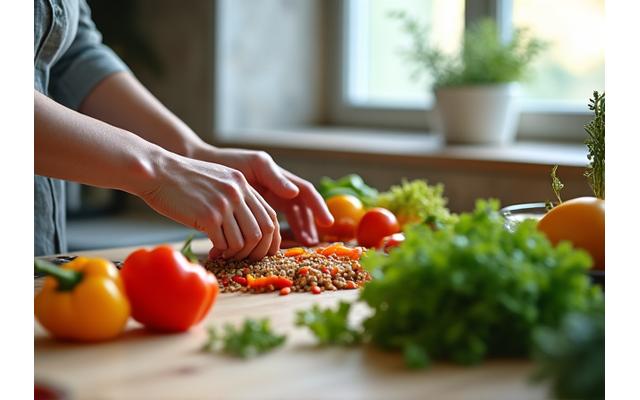 Osoba priprema obrok sa svežim povrćem i voćem, naglašavajući zdravu ishranu.