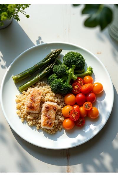 Kvalitetan obrok sa lososom, kvinojom i brokolijem, prikazan na elegantnom tanjiru.