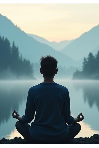 Osoba meditira na obali mirnog jezera, naglašavajući mentalni balans i spokoj.