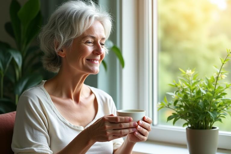 Žena srednjih godina uživa u mirnom jutru, pijući biljni čaj sa osmehom, okružena zelenilom, simbolizujući vitalnost i zdravlje.