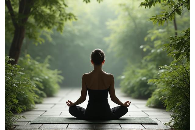 Osoba praktikuje meditaciju u zen vrtu, simbolizujući opuštanje i smanjenje stresa.