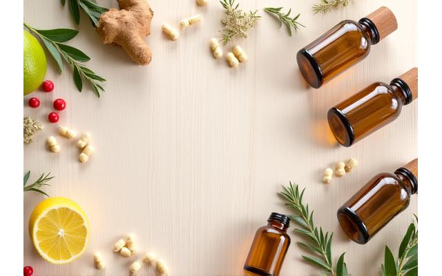 Razni suplementi i biljni dodaci na drvenoj podlozi, uredno složeni.