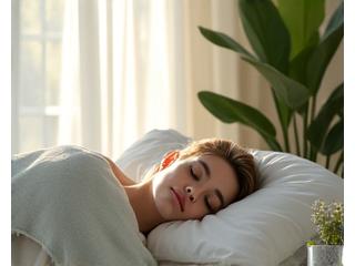 Meditativna osoba spava u opuštenom okruženju, okružena biljkama i umirujućim svetlom