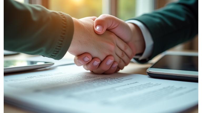 Симболична илустрација договора, руке које се рукују над документом са чек маркицама у позадини, у топлим тоновима бренда.